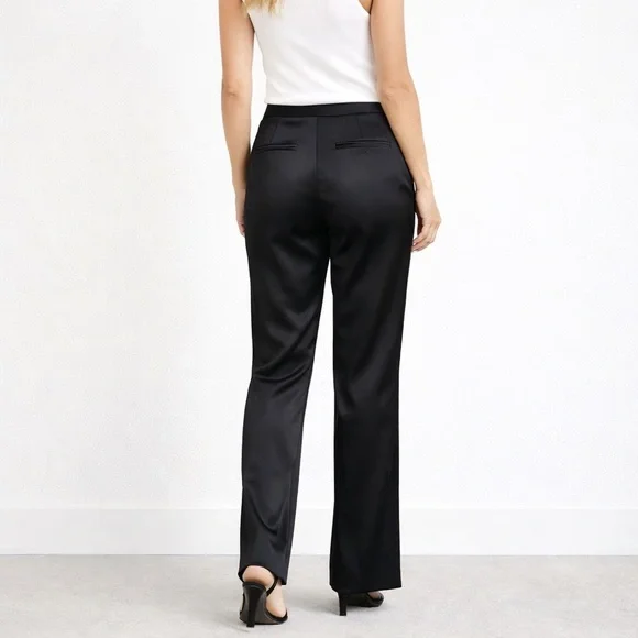 Black Satin Dress Pants Vintage Style Straight Leg Minimalist High Waist - Picture 2 of 12